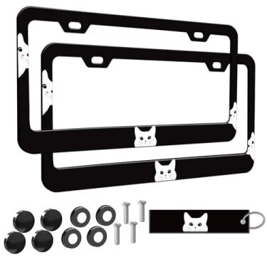 Imagem de 2 peças de moldura de placa de licença para mulheres, molduras decorativas de carro femininas, suporte de capa de placa de carro com etiqueta de chaveiro de carro dupla face (para gatos brancos, 2