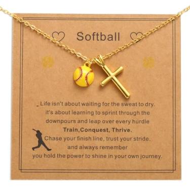 Imagem de Colar Pingente Esportivo Dourado, Colar Pingente Cruz Dourada Joia de Tema Esportivo com Cartão para Presente Aniversário Natal Dia dos Namorados Páscoa Batizado Formatura(Beisebol)
