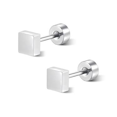Imagem de Rocemuti Brincos de titânio para homens e mulheres, brincos quadrados minimalistas, hipoalergênicos, leves, planos e quadrados para uso diário, 5mm, Titânio, Sem pedra preciosa