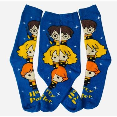 Imagem de Meia divertida harry potter azul cano alto algodão infantil envio imed