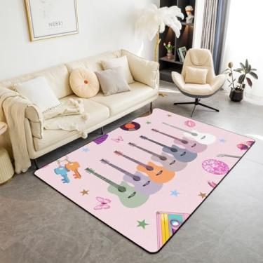 Imagem de jejeloiu Tapetes de guitarra para sala de estar para quarto feminino cantora música tapete decorativo rosa estética moderna discoteca cobra borboleta tapete de área 3x5 macio antiderrapante absorvente