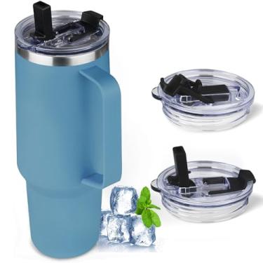 Imagem de GUDEMAO Copo de 1,134 g com alça e canudo flip, copo isolado 100% à prova de vazamento com tampa e canudo, caneca de café de viagem de aço inoxidável, copo térmico de café isolado para frio e quente