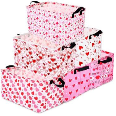 Imagem de Vesici Pacote com 6 cestas de Dia dos Namorados com coração rosa para presentes, caixas de armazenamento vazias e dobráveis e fofas, caixas organizadoras de lona retangulares com alça para livros