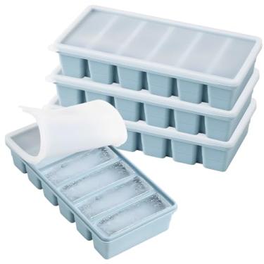 Imagem de Conjunto de 4 moldes grandes para cubos de gelo, bandeja de silicone para freezer com tampa, bandeja longa para bastão de gelo com 6 compartimentos, moldes reutilizáveis para congelador de sopa de
