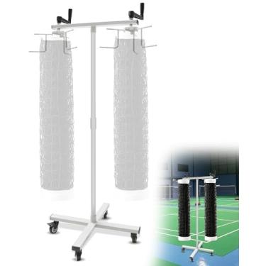 Imagem de Rack de armazenamento de rede de vôlei com rodízios, rack de rede de badminton adequado para redes de vôlei, tênis, picles e badminton, pode conter 2 redes de tamanho padrão, possui uma alça giratória