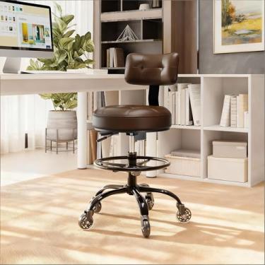 Imagem de Cadeira de desenho de escritório com apoio para os pés, banco ajustável de altura alta com suporte para as costas, cadeira de rodinhas resistente com rodas para escritório, casa, cozinha, bar, loja