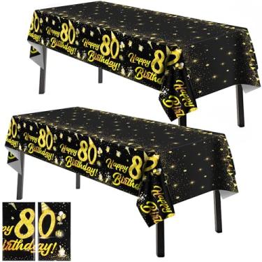Imagem de Kochorie Pacote com 2 toalhas de mesa de plástico para aniversário de 80 anos de 80 x 137 cm, toalha de mesa retangular à prova d'água para artigos de festa temática de aniversário