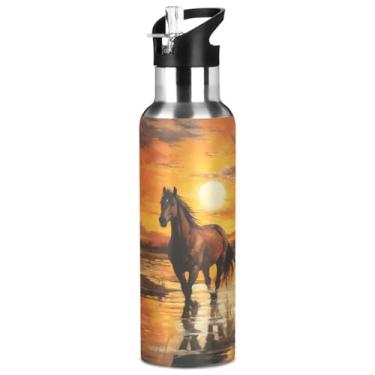 Imagem de ALAZA Horse at Sunset Garrafa de água de 590 ml com tampa de palha, garrafa de água isolada de aço inoxidável para mulheres, homens, esportes, academia, acampamento ao ar livre