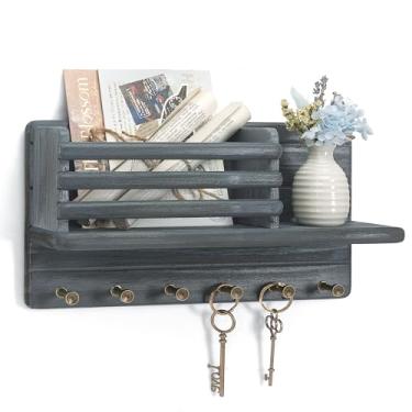 Imagem de Rebee Vision Suporte de parede para chave de madeira de pinho para decoração de casa – Porta-chaves para caixa de correio de parede pode armazenar cartas e arquivos - 6 ganchos para chave de carro e
