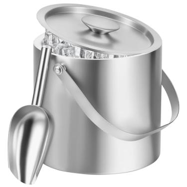 Imagem de Balde de gelo com tampa, balde de gelo de aço inoxidável de parede dupla 2/3L com colher de gelo, balde de gelo isolado recipiente refrigerador de bebidas para festas de bar de coquetel de cerveja