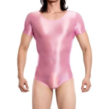 Imagem de SEAUR Body masculino brilhante justo unitard roupa íntima de manga curta collant brilhante lingerie elástica macacão, rosa, GG