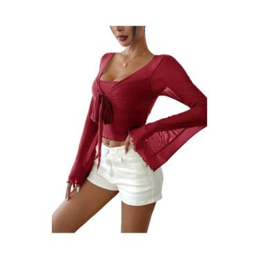 Imagem de Camiseta Feminina Y2K Floral Com Decote Em V, Manga Flare Com Renda E 