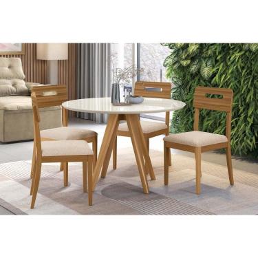 Imagem de Mesa Cozinha Duna Premium Madeira Maciça c/ Tampo Madeirado c/ Vidro 120x120cm e 4 Cadeiras Lila Carvalho/Off White - Linho Bege Argila-Kappesberg