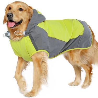 Imagem de IECOii Capa de chuva para cães, jaqueta de chuva ajustável para cães com listras refletivas, casaco de chuva para cães com capuz, casaco leve à prova d'água, capa de chuva para cães com adesivo