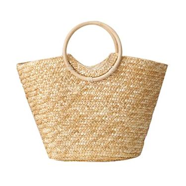 Imagem de SHESRA Bolsa feminina de palha, boêmia, feita à mão, de tecido, para férias de verão, praia, viagem, uso diário, 100