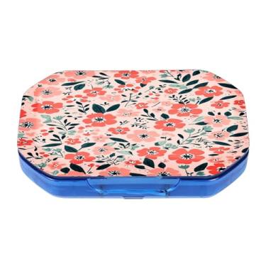 Imagem de Esta caixa de comprimidos portátil com estampa de flores vermelhas e rosa com 6 compartimentos pode ser colocada em um bolso ou carteira para armazenar vitaminas, medicamentos, suplementos de saúde e