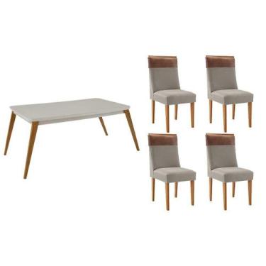 Imagem de Sala Jantar Mesa Havana Tampo c/ Vidro Curvo 120cm+4 Cadeiras Jaspe Ma