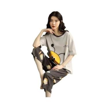 Imagem de Pijamas De Verão Em Algodão Para Mulheres Tamanho Grande, Manga Curta,