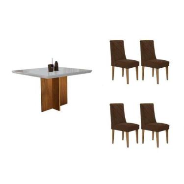 Imagem de Sala Jantar Mesa Berlim Tampo c/ Vidro Curvo 90cm+4 Cadeiras Pietá Mad