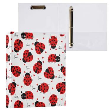 Imagem de Vuiyean Fichário de joaninha fofo com 3 anéis de 3 anéis de 3 cm com prancheta e bolsos, pasta de arquivo grande resistente para material escolar de escritório - Comporta 200 folhas