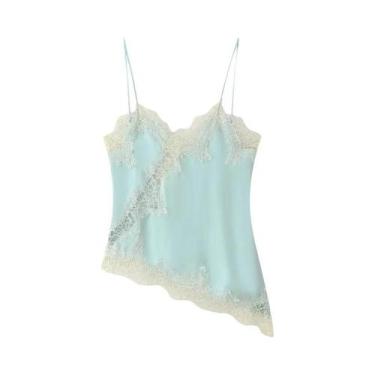 Imagem de Camisola Feminina De Cetim Com Renda, Decote V, Alça Fina, Costas Aber