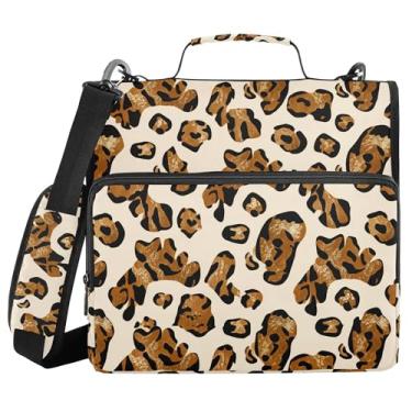 Imagem de SEHANY Fichário de zíper com estampa de leopardo com alça de ombro, capacidade para 500 folhas, vários bolsos, fichário com 3 anéis com zíper de 3 cm