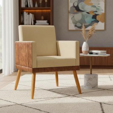Imagem de Poltrona Decorativa Para Sala Recepção Escritório Consultório Lis Corino Peroba e Suede