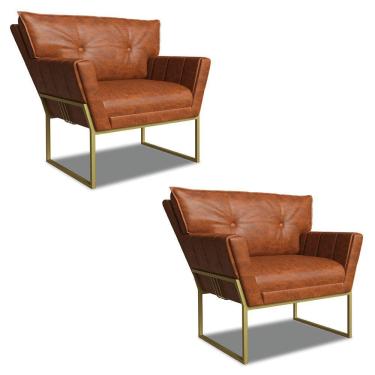 Imagem de Poltrona Sala Industrial Dourado Kit 2 Anitta Sintético Pu Nozes D03 - D'rossi