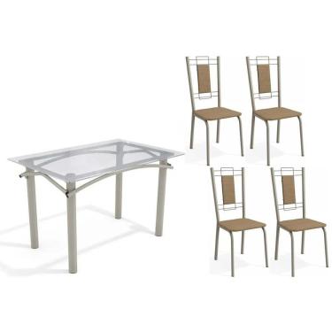 Imagem de Conjunto: Mesa Sala Jantar Elba C- Tampo De Vidro 120cm E 4 Cadeiras Florença Niquel - Courano Capuccino - Kappesberg