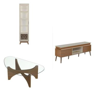 Imagem de Conjunto Sala de Estar Mesa de Centro Levitá e Rack Lumina e Cristaleira Mirage Cinamomo/Off White