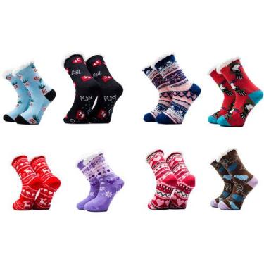 Imagem de Kit 8 Pares De Meias Térmica Forrada Lã Adulto Unissex Antiderrapante 