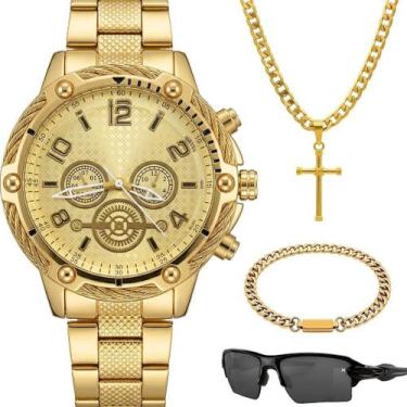 Imagem de Relogio Masculino Dourado + Oculos Sol + Pulseira + Cordão presente ca