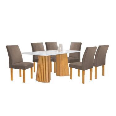 Imagem de Conjunto Mesa Stella Ripada 170cm com 6 cadeiras Canela tampo Smart Plus com Vidro