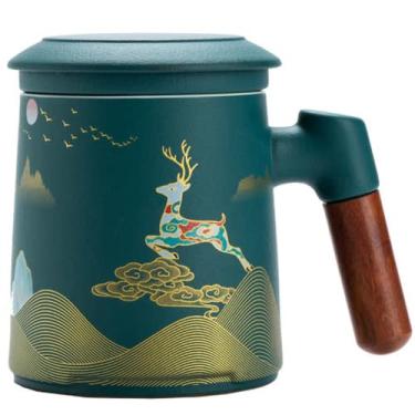 Imagem de PAYNAN Conjunto de chá de cerâmica com cabo de madeira de 400 ml, separação de água, filtro de cerâmica para escritório, conjunto de chá Kung Fu