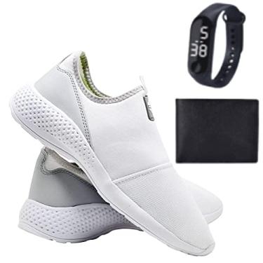 Imagem de Tênis Sapatilha Caminhada Neoprene Leve Macia Confortável Academia Fitness + Relógio + Carteira - Branco - 44