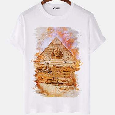 Imagem de Camiseta masculina Esfinge Piramide Watercolor Arte Camisa Blusa Branca Estampada