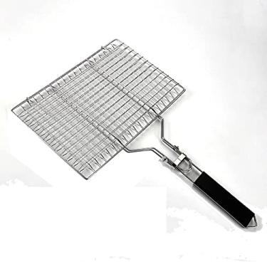 Imagem de Ferramentas de churrasco dobrável em malha de aço inoxidável para churrasco acessórios para churrasco alça de madeira clipe para alimentos clipe de peixe grelhado grelha removível churrasco externo e interno, prata, 32 x 22 cm