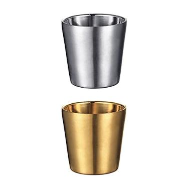 Imagem de UPTALY 2 peças de copos de aço inoxidável (180 ml, prata/ouro), canecas de acampamento inquebráveis, copo de café pequeno, canecas de café com parede dupla, copos de tiro, copo, atiradores de metal, copos de café espessos, xícara de chá