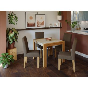 Imagem de Conjunto de Mesa de Jantar com Tampo Off White Grace e 4 Cadeiras Maia Suede Mascavo e Nature