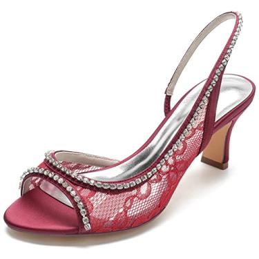 Imagem de Sandálias femininas de strass para casamento fofas de renda conforto salto gatinho peep toe Slingback, Vermelho, 11