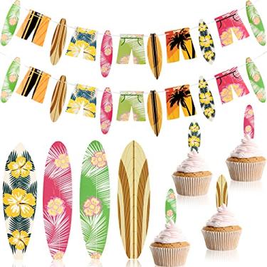 Imagem de 48 peças de topos de cupcake de prancha de surf e 2 peças de guirlandas de aniversário bandeira do Havaí decoração de bolo temática para verão praia luau aniversário chá de bebê Havaí suprimentos de festa temáticos