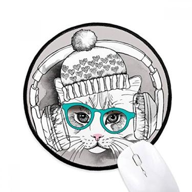 Imagem de Fone de ouvido chapéu de lã branco gato proteger animal mouse pad desktop escritório tapete redondo para computador
