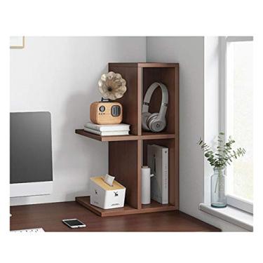 Imagem de KIZQYN Estante de livros de bancada de madeira estante de madeira nogueira escura prateleira de armazenamento com aparência de madeira suprimentos de escritório organizador de mesa rack de exibição, estante marrom (tamanho: 2 camadas)