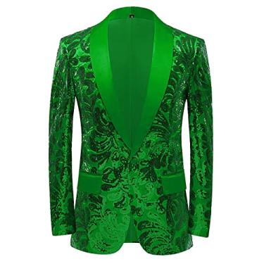 Imagem de Blazer de lantejoulas masculino floral terno jaqueta um botão casaco de lapela festa casamento roupas de formatura slim fit cor sólida casaco casual, verde, M (busto: 109cm)