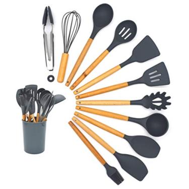 Imagem de Conjunto de utensílios de cozinha de silicone de 11 peças - utensílios de cozinha com suporte - utensílios de cozinha - utensílios de cozinha - utensílios de bambu - conjunto de utensílios