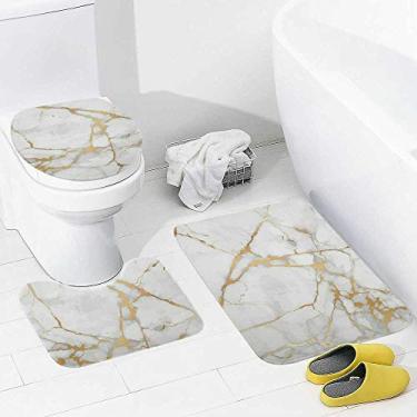 Imagem de Conjunto de 3 peças de tapetes de banheiro com textura de mármore branco dourado, tapete de banheiro de espuma viscoelástica, lavável, antiderrapante, tapete de contorno e tampa para banheiro