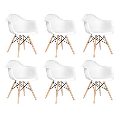 Imagem de Kit 6 Cadeiras Eames Eifflel Com Braço Daw De Madeira Com Assento Branco - Cor: Branco