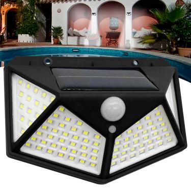 Imagem de Luminária Arandela Solar Refletor Parede 100 Led Sensor Movimento Presença 3 Funções Lampada Bateria