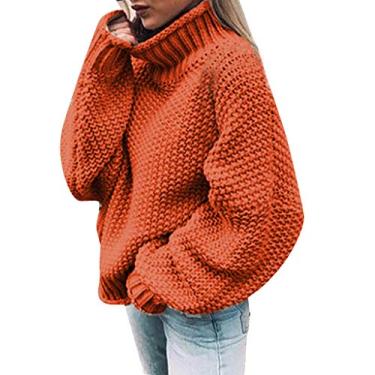 Imagem de Howstar Suéter feminino 2023 outono gola tartaruga sólido manga longa pulôver de malha grande casual solto suéter grosso tops, Z1 - laranja, M
