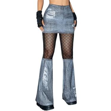 Imagem de OYOANGLE Calça feminina de malha rasgada perna rodada Y2k streetwear cintura baixa sino calça jeans, Azul, M